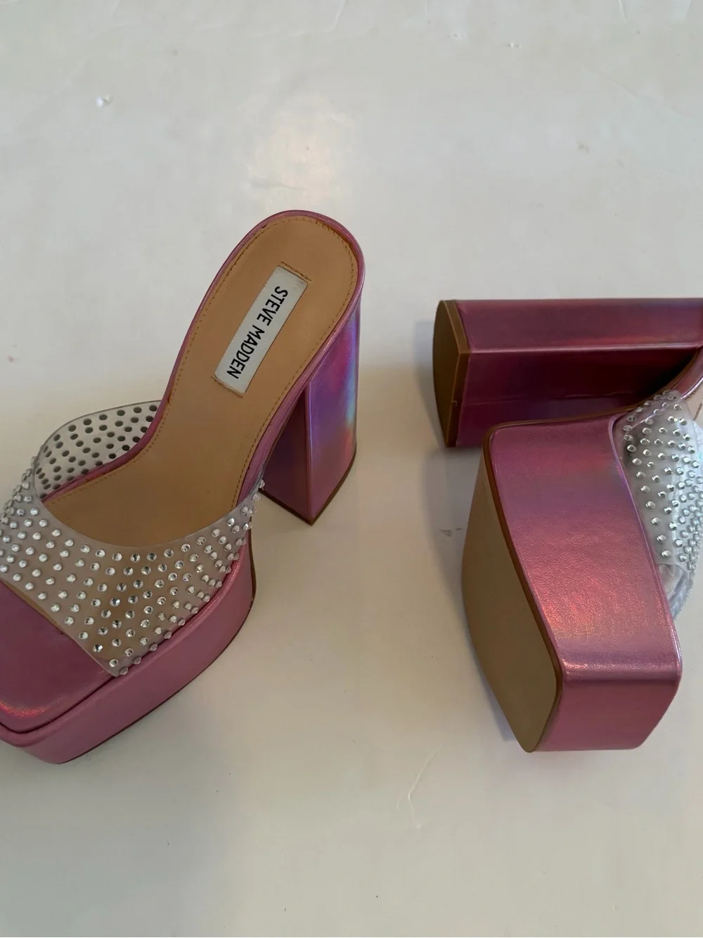 Steve Madden Pink Rhinestone High Block Platform Mules Mules Sandals Shoes